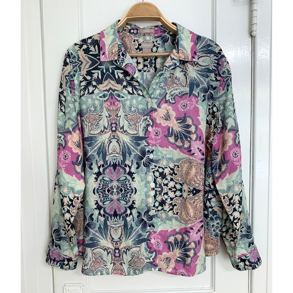 Chicos No-Iron Linen Floral Roll-Tab Shirt 3 (XL 16/18) NWOT Resort Pastel Top - Picture 4 of 16